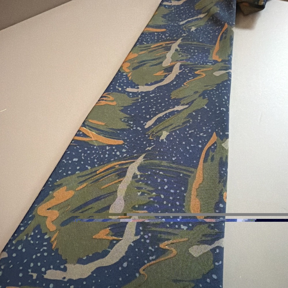 Vintage 1980s Manhattan Men's Neck Tie Abstract Swirl Blue Olive Green Yellow - Picture 2 of 6